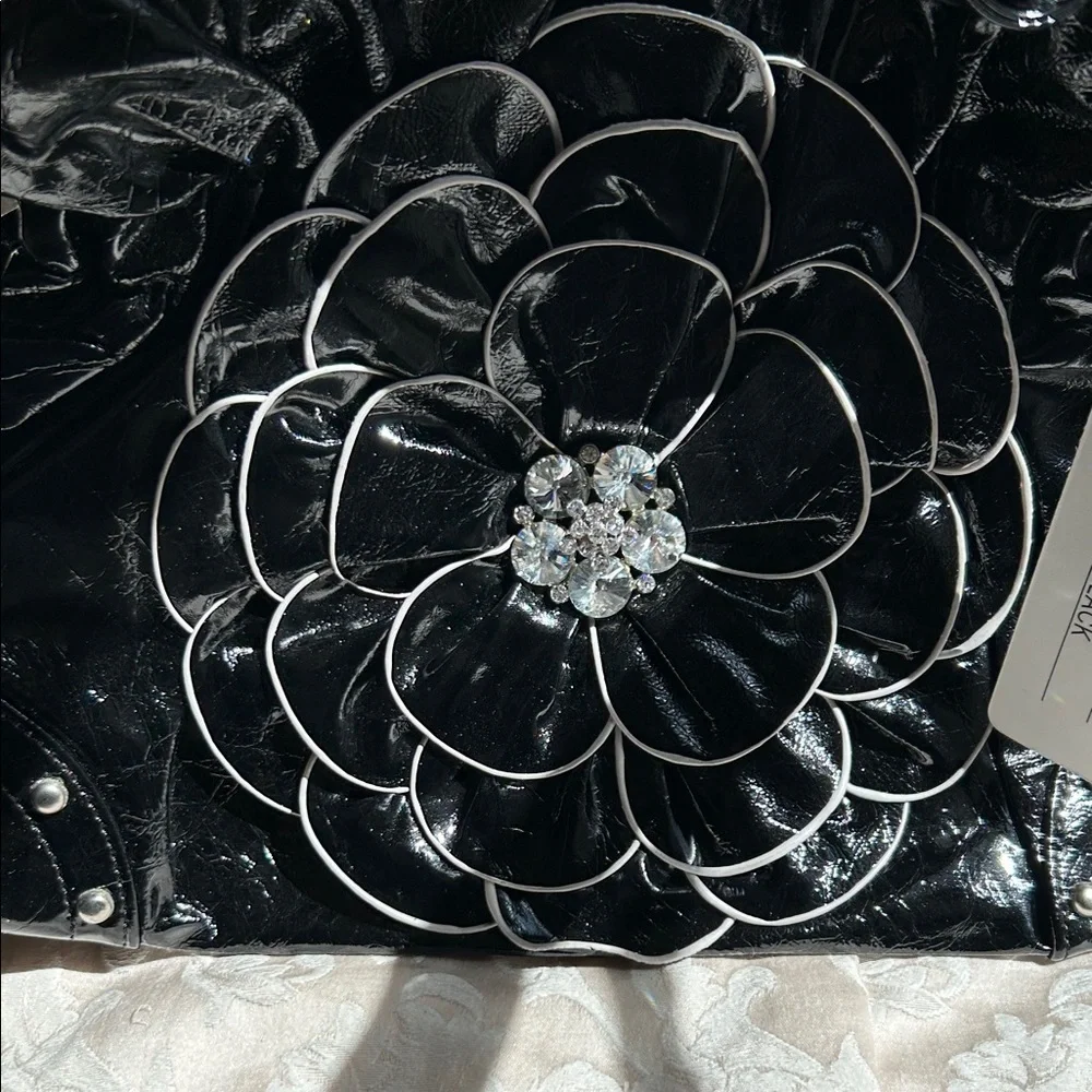Chic Black Women's Shoulder Bag with Floral & Crystal Accent